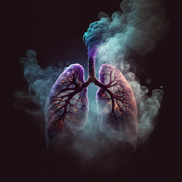 Concetto di progettazione grafica Illustrazione del polmone umano 3D con elementi in ferro affumicato, metallo, oro e legno