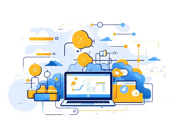 concetto di programmazione nello stile delle illustrazioni grafiche gialle e azzurre