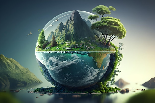 Concetto di protezione dell'ecologia globale Illustrazione del pianeta Terra verde IA generativa