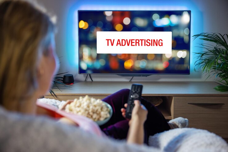 Concetto di pubblicità in televisione Donna che guarda l'annuncio mentre si guarda la TV