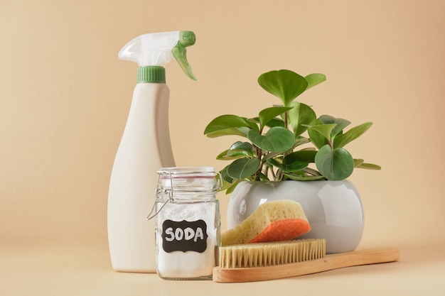 Concetto di pulizia ecologica pulizia con prodotti non tossici una lattina di soda un flacone spray con un prodotto ecologico