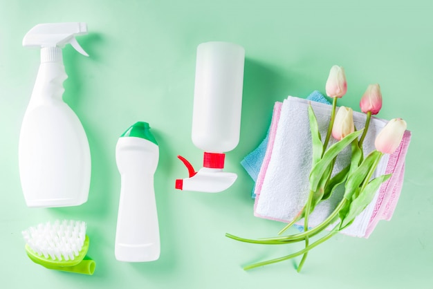 Concetto di pulizie e pulizie domestiche di primavera