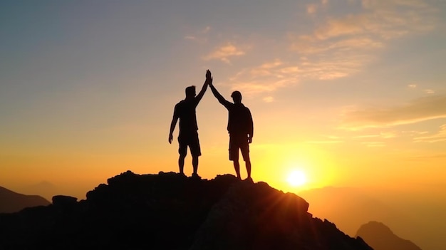 Concetto di realizzazione con la silhouette di due escursionisti che danno il cinque sulla cima della montagna IA generativa