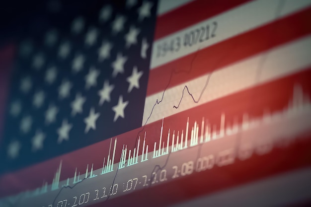 Concetto di recessione economica nel titolo di tendenza al ribasso degli Stati Uniti con freccia rossa AI