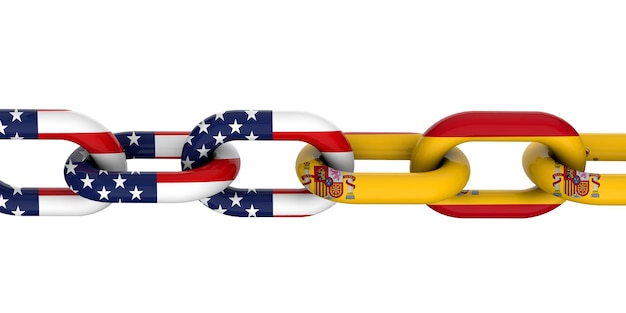Concetto di relazione tra Stati Uniti e Spagna Bandiere nazionali su catena collegata Rendering 3D