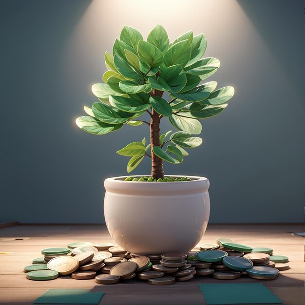 Concetto di rendering 3d dell'albero dei soldi con pianta in vaso