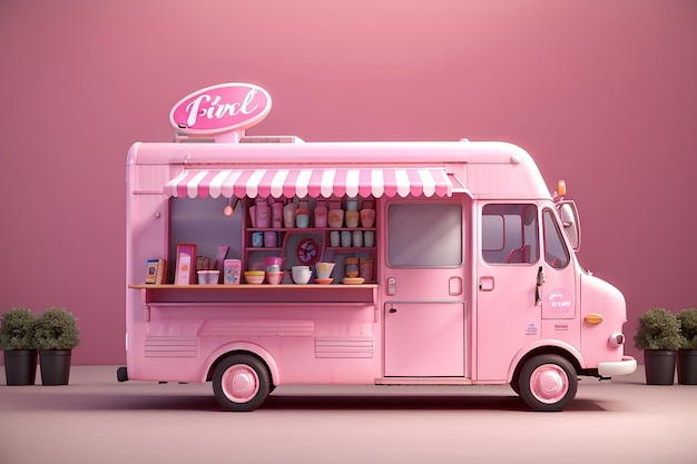 Concetto di rendering 3d di camion di cibo rosa con una tavola in piedi