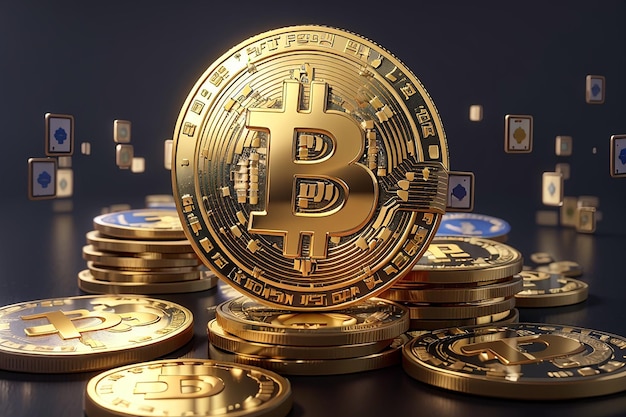 Concetto di rendering 3D di criptovaluta con moneta bitcoin e moneta da un dollaro in valuta fiat