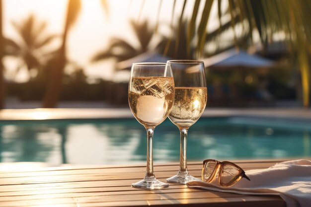 Concetto di resort tropicale con bicchiere di vino di champagne e foglia di palma su uno sfondo sfocato