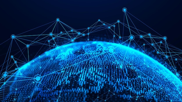 Concetto di rete globale Punto di mappa mondiale Rete globale Pianeta Terra Rendering 3D