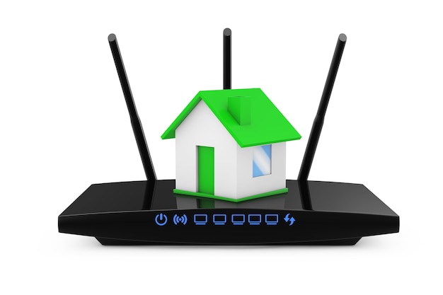 Concetto di rete wireless domestica. Casa con router WiFi moderno su sfondo bianco. Rendering 3D