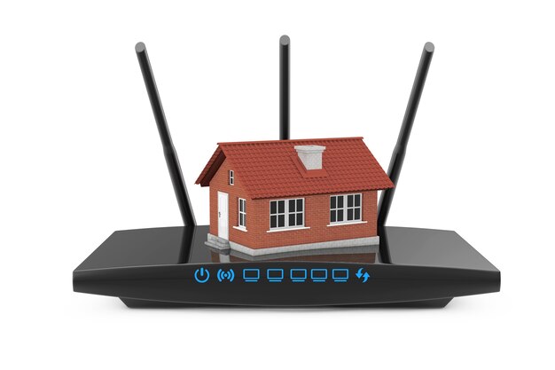 Concetto di rete wireless domestica. Casa con router WiFi moderno su sfondo bianco. Rendering 3D