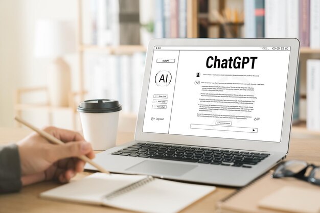 Concetto di ricerca dei dati utilizzando chatbot di intelligenza artificiale ChatGPT giovane uomo d'affari in chat con chatbot intelligente Per trovare informazioni economiche aziendali intelligenza artificialmente sviluppata da OpenAI