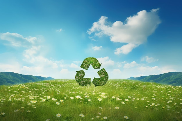 Concetto di riciclaggio con il simbolo del riciclaggio in un prato Concetto di riciclaggio e di energia rinnovabile
