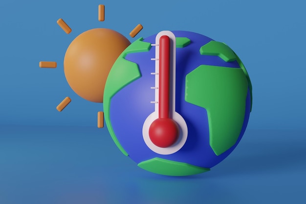 Concetto di riscaldamento globale Aumento delle temperature globali Modello Terra Sole con termometro su sfondo arancione Illustrazione 3d