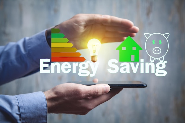 Concetto di risparmio energetico Lampadina casa salvadanaio Efficienza energetica