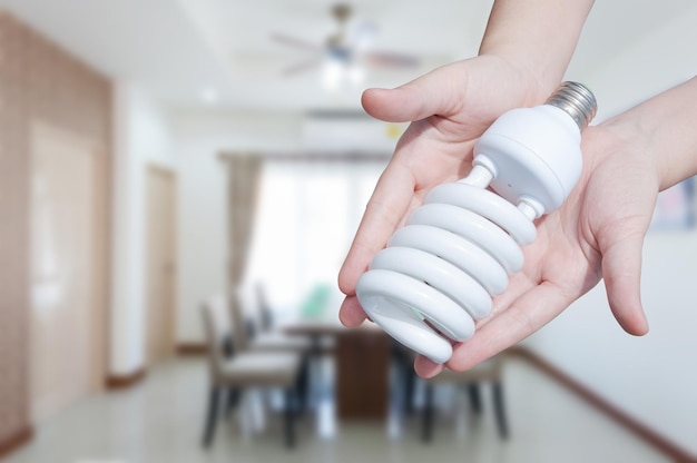 Concetto di risparmio energetico Mano della donna che tiene la lampadina sullo sfondo della casa della stanza. Lampadina in mano