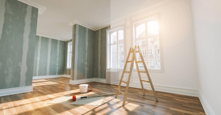 concetto di ristrutturazione - appartamento prima e dopo il restauro o la ristrutturazione con secchio di vernice e pareti appiattite in cartongesso