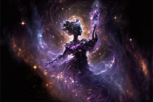 Concetto di risveglio della dea viola nell'arte astratta cosmica