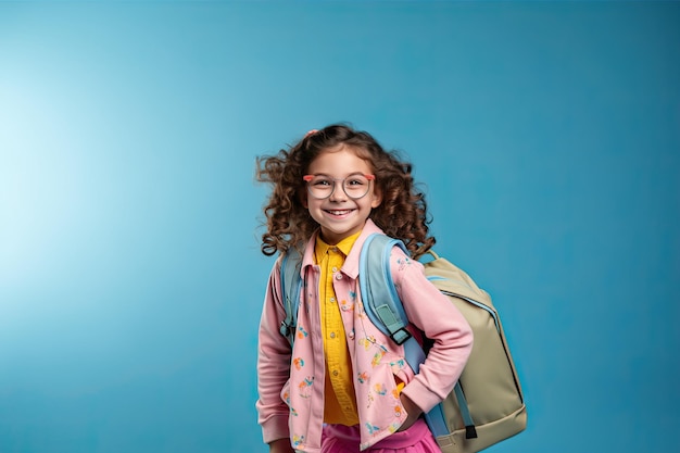 Concetto di ritorno a scuola che include una scolaressa in piedi su uno sfondo blu con spazio di copia