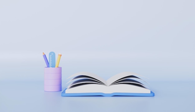 Concetto di ritorno a scuola con un quaderno aperto e matite per l'istruzione e la lettura