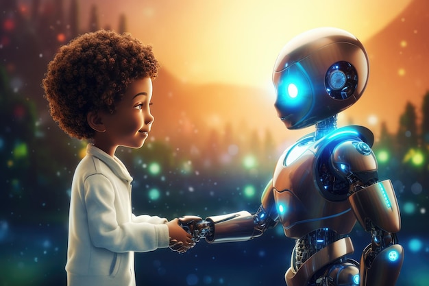 Concetto di ritorno a scuola: il bambino umano usa il robot per semplificare la vita con l'intelligenza artificiale generativa