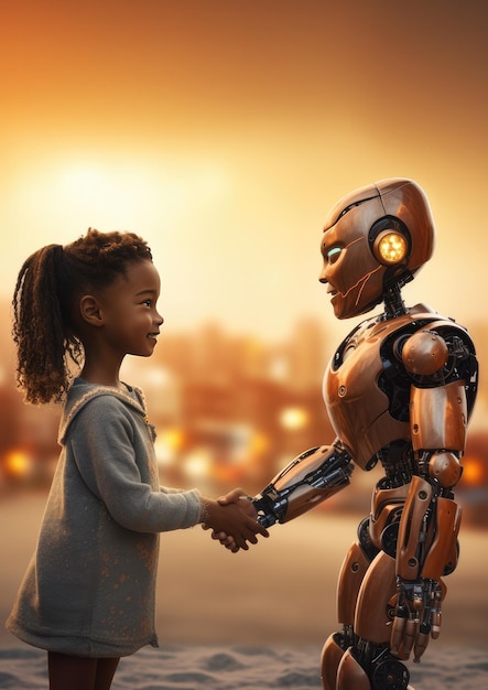 Concetto di ritorno a scuola: il bambino umano usa il robot per semplificare la vita con l'intelligenza artificiale generativa