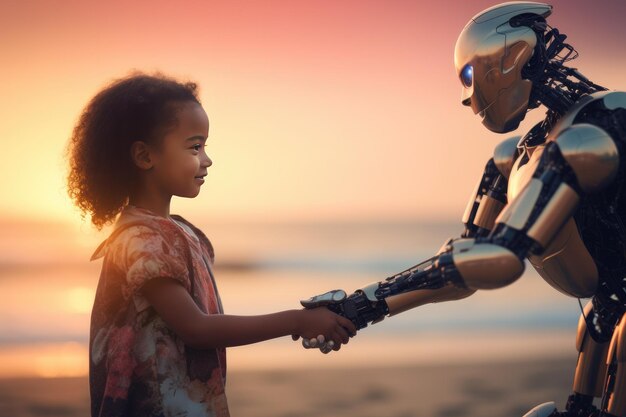 Concetto di ritorno a scuola: il bambino umano usa il robot per semplificare la vita con l'intelligenza artificiale generativa