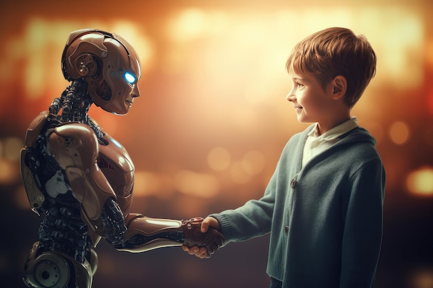 Concetto di ritorno a scuola: il bambino umano usa il robot per semplificare la vita con l'intelligenza artificiale generativa