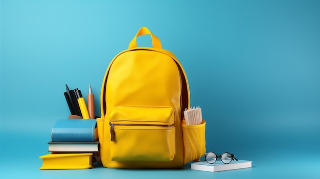 Concetto di ritorno a scuola Zaino giallo con libri e attrezzature scolastiche su sfondo blu