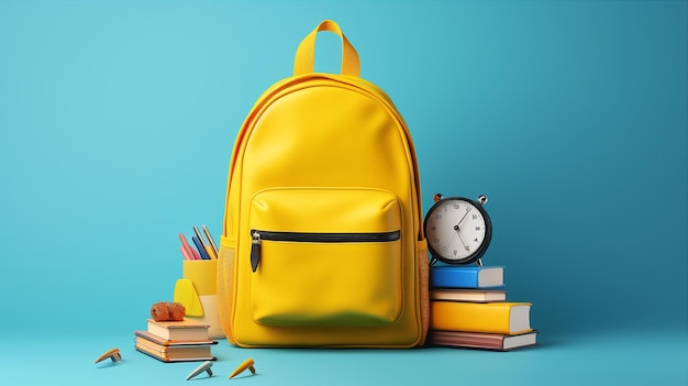 Concetto di ritorno a scuola Zaino giallo con libri e attrezzature scolastiche su sfondo blu
