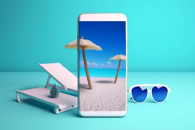 Concetto di sabbia cyber palm up telefono estate vacanza creativa mare finto IA generativa