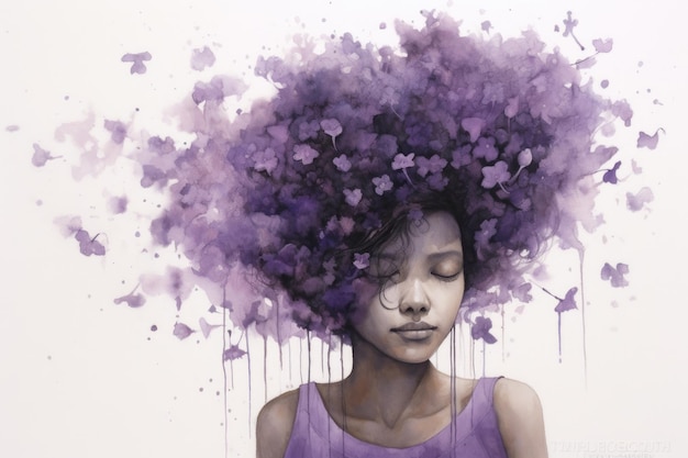 Concetto di salute mentale Illustrazione di una ragazza triste con fiori lilla sulla testa