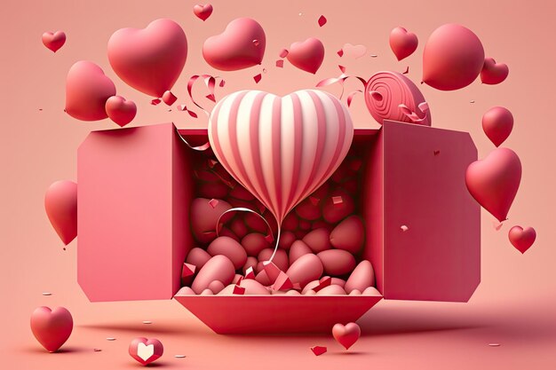 Concetto di San Valentino con cuore di palloncino scatola regalo aperta e sfondo rosa