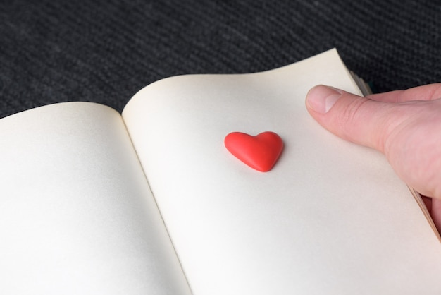 Concetto di San Valentino con cuore rosso sulla pagina del libro