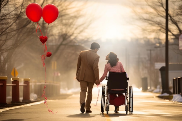 Concetto di San Valentino Coppia disabile che sorride insieme mostrando il loro amore