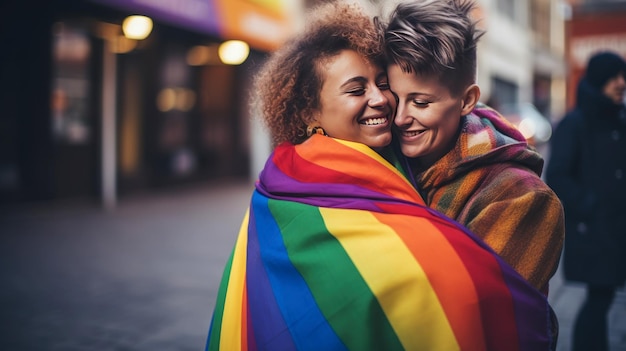 Concetto di San Valentino Due donne si abbracciano con amore con la bandiera dell'orgoglio