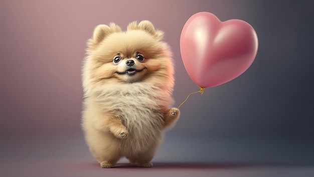 Concetto di San Valentino ritratto di un simpatico cucciolo pomeraniano con un palloncino rosa a forma di cuore nella sua zampa IA generativa