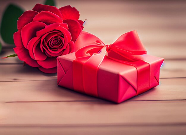 Concetto di San Valentino Rose rosse fresche e confezione regalo su tavolo di legno