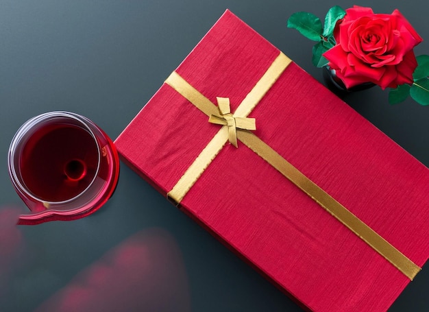 Concetto di San Valentino Rose rosse fresche e confezione regalo su tavolo di legno