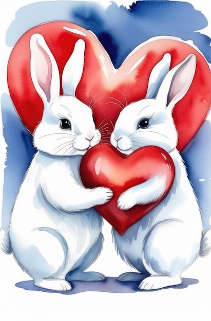 Concetto di San Valentino simpatici coniglietti che tengono insieme un grande cuore rosso biglietto di auguri acquerello