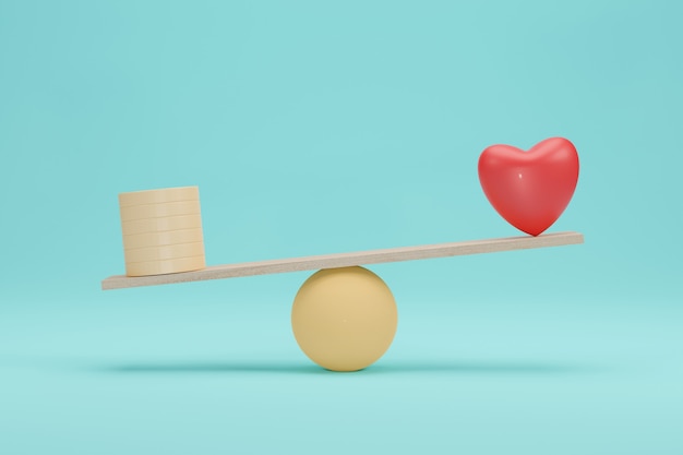 Concetto di scale di denaro e cuore. Importanza tra moneta d'oro e equilibrio d'amore su scala. Rendering 3D.