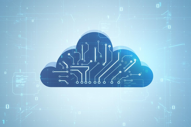 Concetto di scambio e archiviazione dati tecnologia cloud con simbolo nuvola digitale 3D con circuito su sfondo tecnologico astratto blu scuro e rendering 3D spazio vuoto