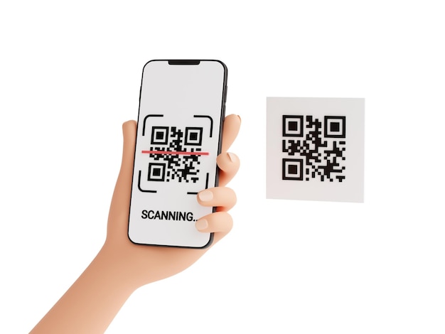 Concetto di scansione del codice QR Mano umana che tiene il telefono cellulare con il processo di scansione del codice a barre 3d rendering illustrazione