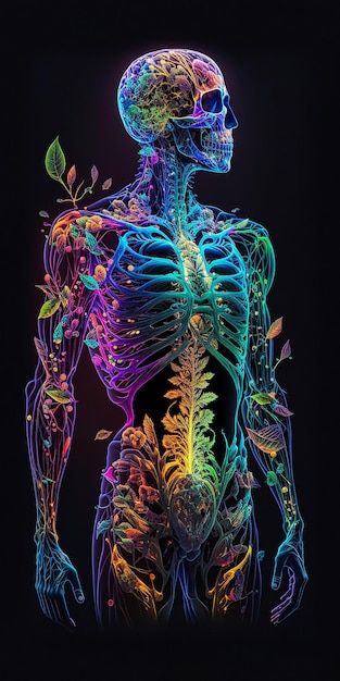 Concetto di scheletro del corpo umano in colori al neon. Effetto neon nell'anatomia umana. IA generativa