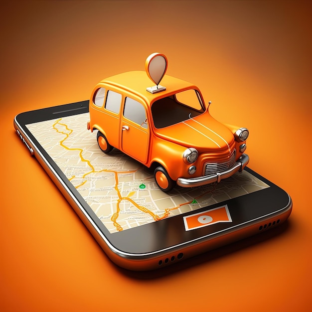 Concetto di servizio di ordinazione di taxi per applicazioni mobili online Auto taxi arancione che percorre il percorso verso l'indicatore su uno smartphone su una mappa della città Concetto di sistemi di navigazione satellitare e per auto AI generativa