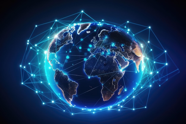 Concetto di servizio di rete globale Sfondo futuristico incandescente con un globo Illustrazione del business globale Illustrazione dell'intelligenza artificiale generativa