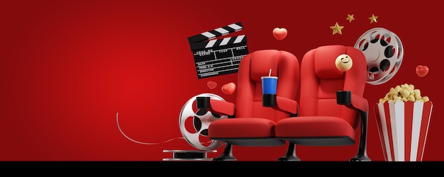 Concetto di sfondo del film del cinema Concetto di film per guardare il sedile del cinema con rendering 3D dello spazio di copia