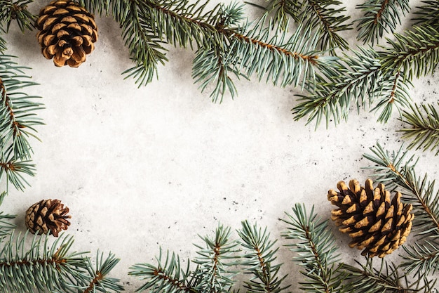 Concetto di sfondo di Natale. Rami di albero di Natale, coni, copia spazio, vista dall&#39;alto, cartolina di Capodanno.