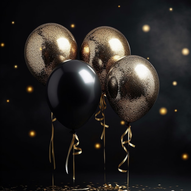 Concetto di shopping del Black Friday. Palloncino oro e nero galleggiano in aria su sfondo nero con glitter